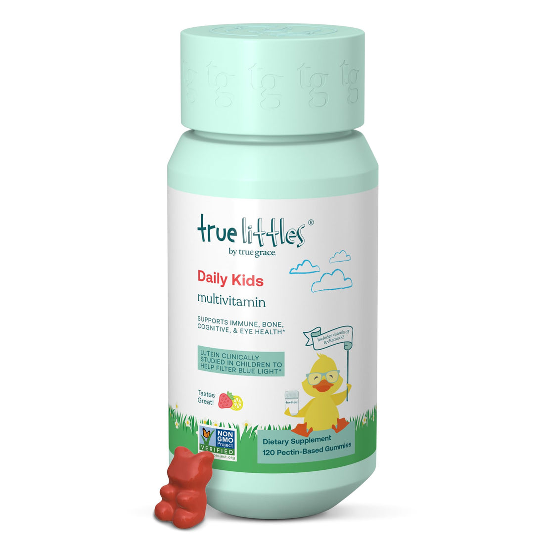 True Grace True Littles Daily Kids Multi - 120 Pectin Gummies - Immune, Cognitive, Bone & Eye Support - Clinically Studied Lutemax Kids Lutein & Vitamin D3 + K2 - Allergen Free & Vegan - 120 Servings