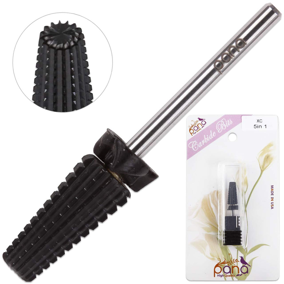 PANA Nail Carbide 5 in 1 Bit - Two Way Rotate use for Both Left and Right Handed - Fast remove Acrylic or Hard Gel - 3/32 Shank - Manicure, Nail Art, Drill Machine (Extra Coarse - XC, Black)