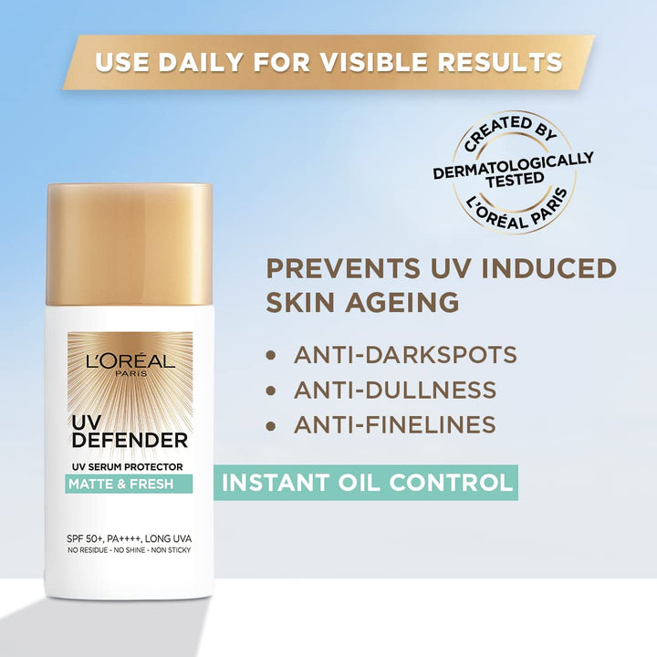 L’Oréal Paris Sunscreen, Lightweight Matte Sunscreen For Oily Skin, UVA & UVB Protection, With SPF 50 PA+++, Matte & Fresh, UV Defender Serum Protector, 50 ml