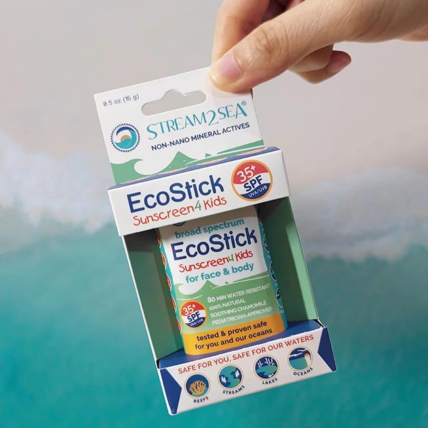 Stream2Sea EcoStick SPF 35 Mineral Sunscreen Stick - Reef Safe Broad Spectrum Roll On Body & Face Sunscreen - Sweat & Water Resistant, Biodegradable Natural Sunblock, UVA UVB (EcoStick Kids)