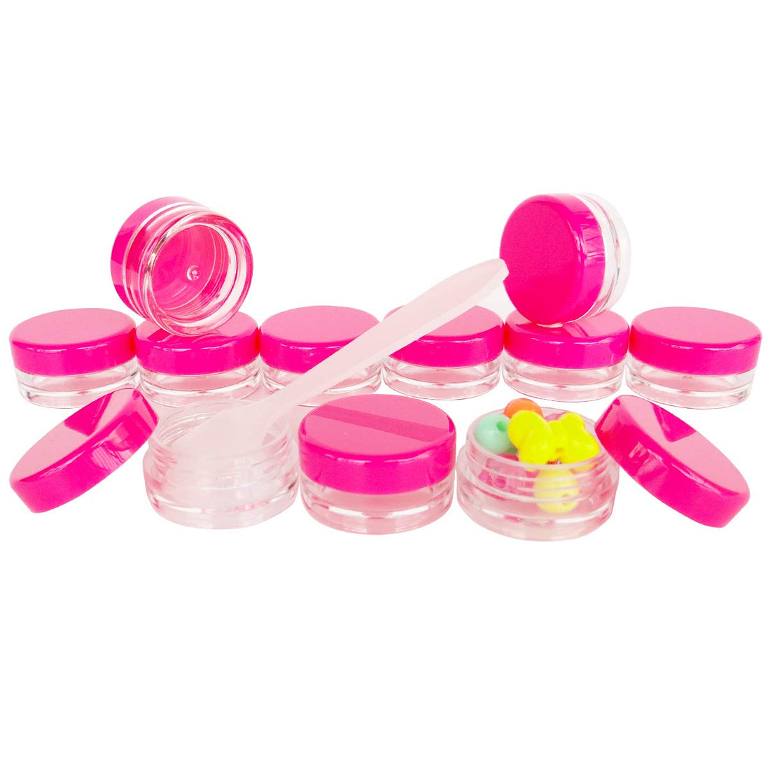 50pcs, 3Gram 3ml BPA Free Small Jars, Cosmetic Sample Empty Plastic Container, Round Pot Rose Red Screw Cap Lid, for Makeup, Eye Shadow, Nails, Powder, Jewelry, Gems, Beads, Free 50x Dispense Spatulas