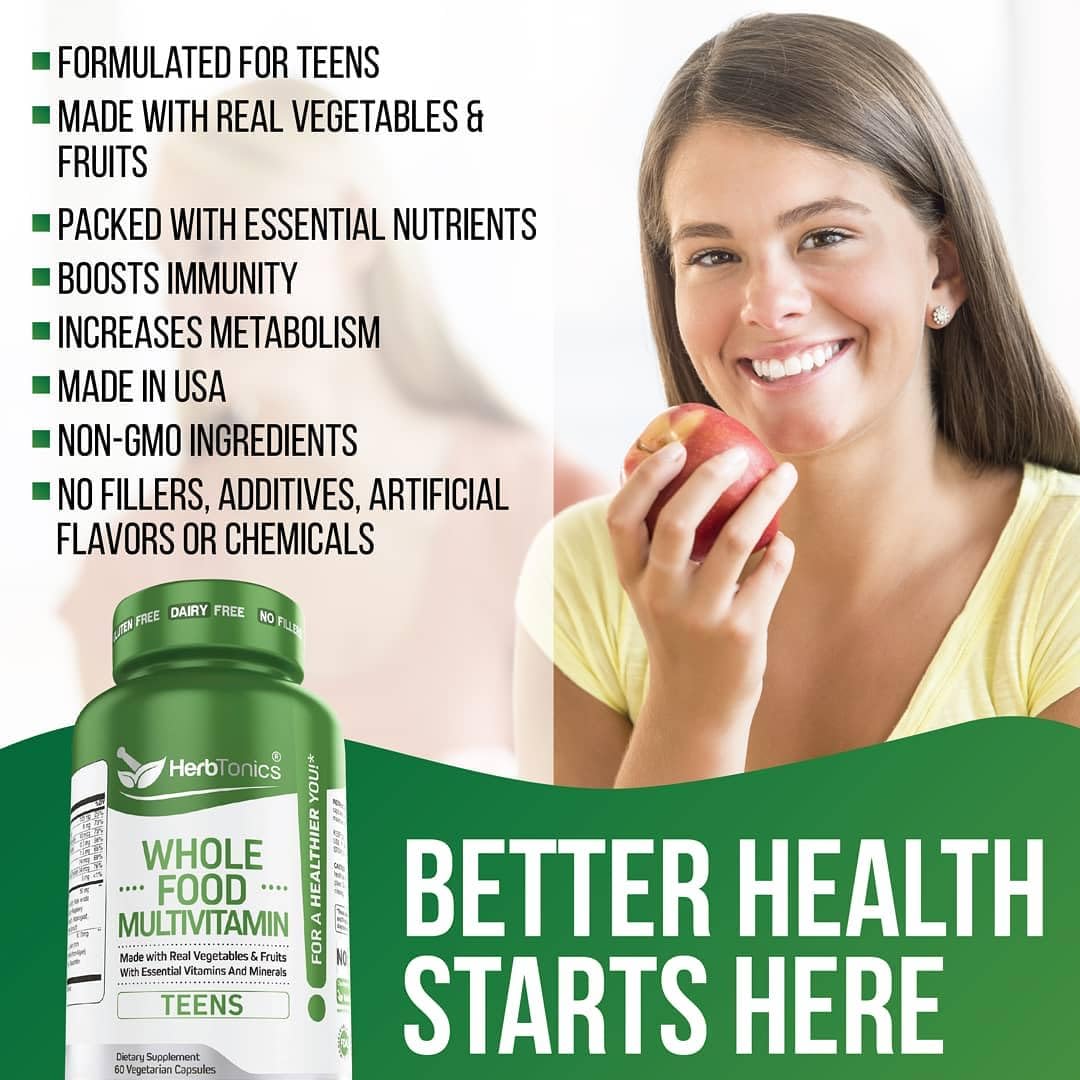 Herbtonics Whole Food Multivitamin for Teens | Essential Vitamins and Minerals Supplement for Teenage Boys & Girls | 62 Plant-Based Superfoods, Raw Veggies & Fruit Complex | Non-GMO Vegan 60 Capsules