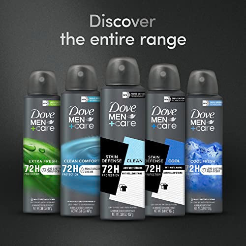 Dove Men+Care Antiperspirant Deodorant Stain Defense Clean Dry Spray For Men Anti-White Marks & Yellow Stains, 72-hour Sweat and Odor Protection with Triple Defense Technology 3.8 oz