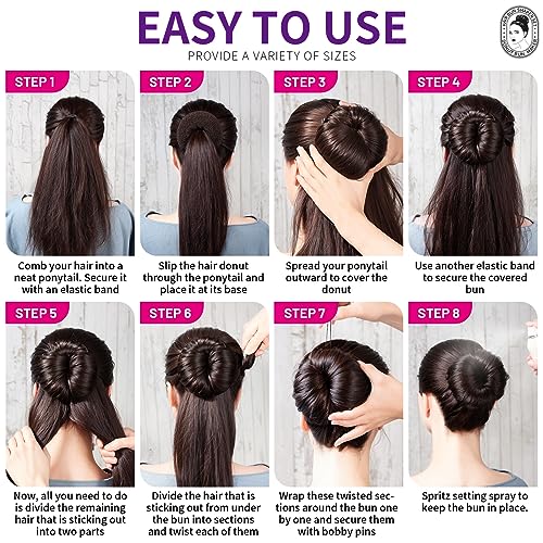 Teenitor Donut Hair Bun Maker Set - 7 Rings (1 Extra-Large, 2 Large, 2 Medium, 2 Small), 5 Elastic Bands, 20 Hair Pins, Dark Brown