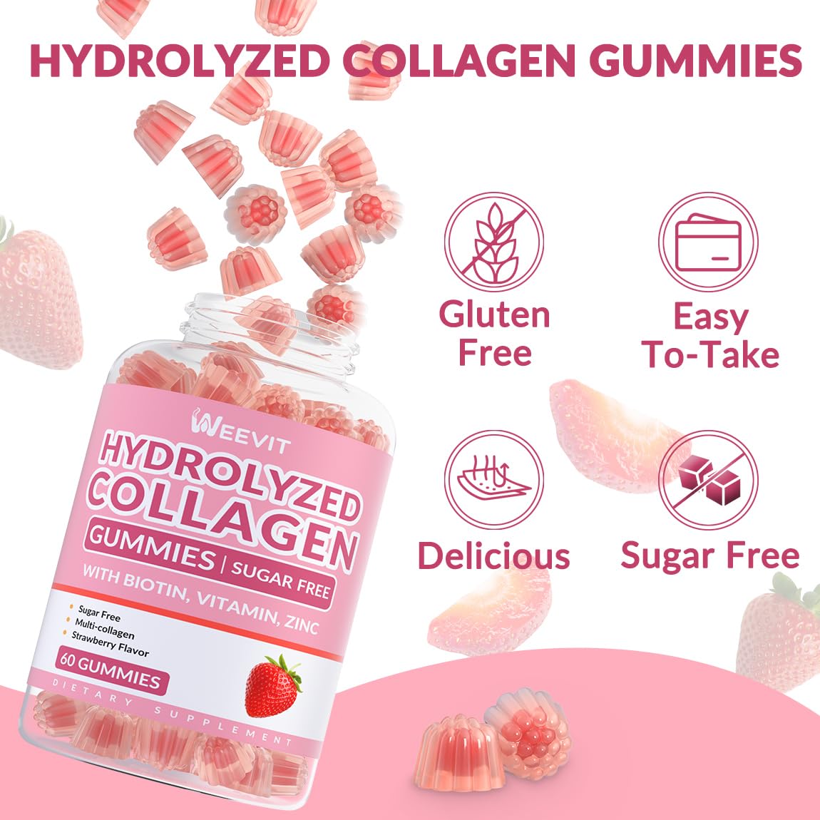 Sugar Free Collagen Gummies for Women, Collagen Protein Type I,II,III,V,X with Biotin Vitamin C D B12, Hydrolyzed Collagen Peptides Gummies for Immune Digestion Skin Hair Nails Energy Bone Joint