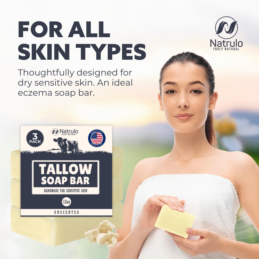 Beef Tallow Soap Bar – All Natural Grass Fed Tallow Soap Unscented – Moisturizing Face & Body Wash Great for Eczema, Dry, Itchy, Sensitive Skin – Handcrafted Bath Soap for Adults, Kids, Made in USA