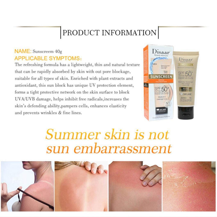 DISAAR BEAUTY Sunscreen Foundation Face Cream Body Skin Protection Anti-Aging Oil Control Moisturizing Care Removes Peeling 40g PA+++ SPF 50+