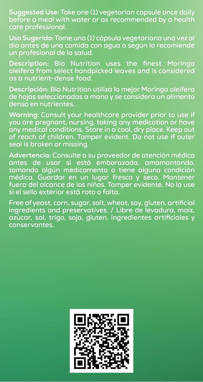 Bio Nutrition Moringa 5000mg 60 Vegetarian Capsules | Complete Green Superfood | Nature's Multivitamin | Energy and Gut Health