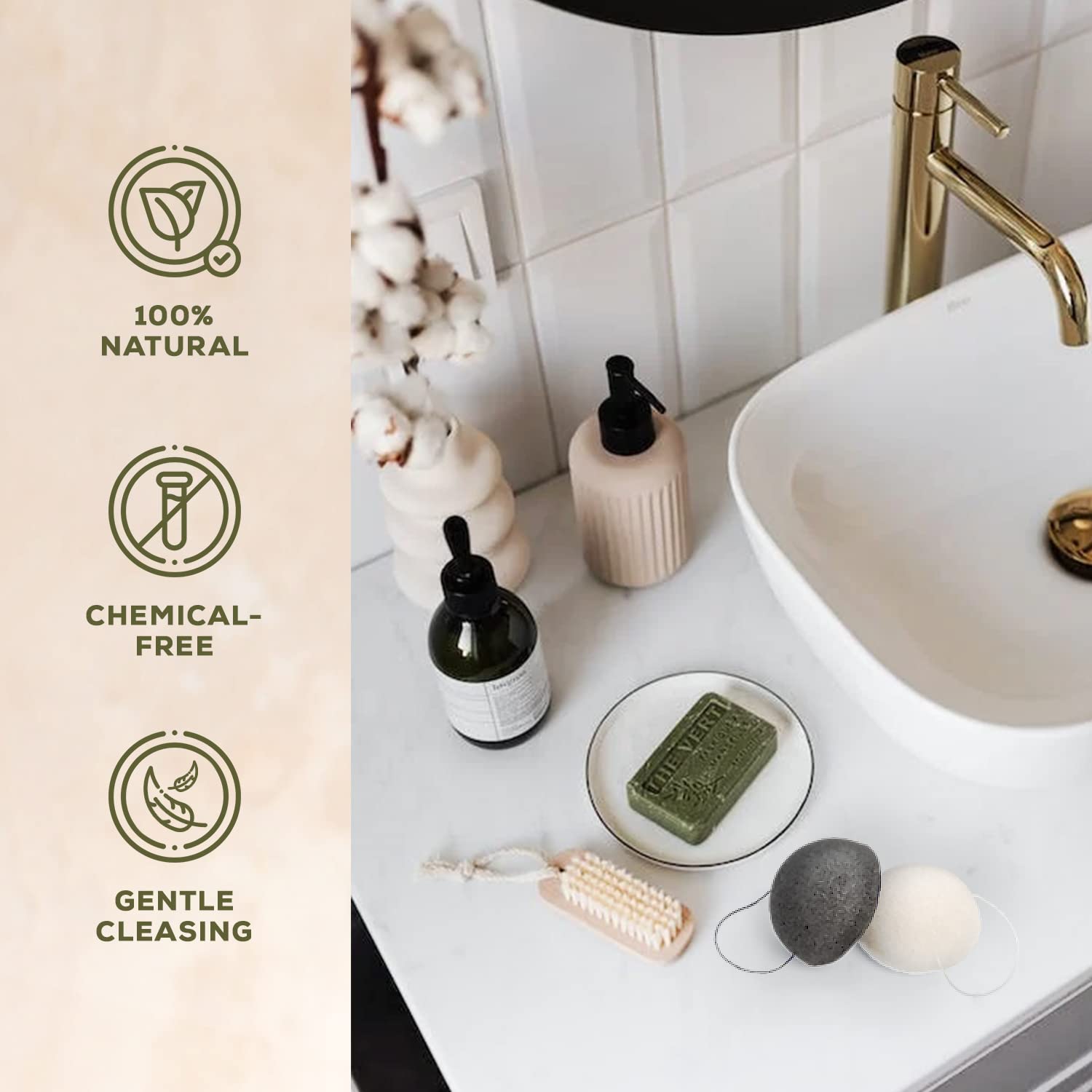 CSM Organic Konjac Sponges 3-Pack for Gentle Exfoliating - Facial Sponges with Premium Activated Bamboo Charcoal to Cleanse Pores, Remove Impurities, Exfoliation - 2 Black Charcoal, 1 White Natural