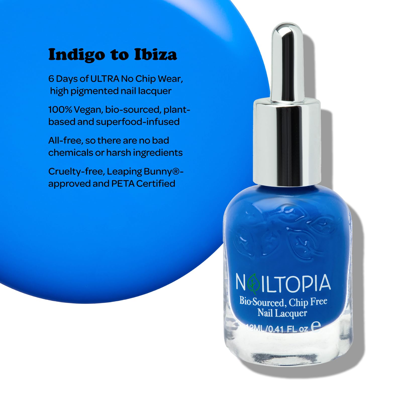 Nailtopia - Plant-Based Chip Free Nail Lacquer - Non Toxic, Bio-Sourced, Long-Lasting, Strengthening Polish - Indigo To Ibiza (Ocean Blue) - 0.41oz