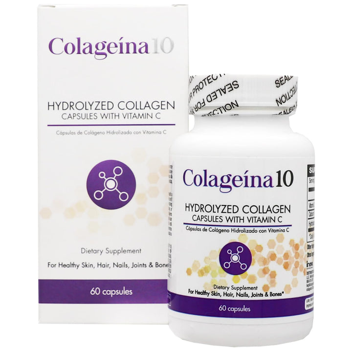 Colageina 10 Hydrolyzed Collagen Capsules with Vitamin C - Anti-Aging Dietary Supplement for Healthy Skin, Hair, Nails, Joints, and Bones - 60 Count