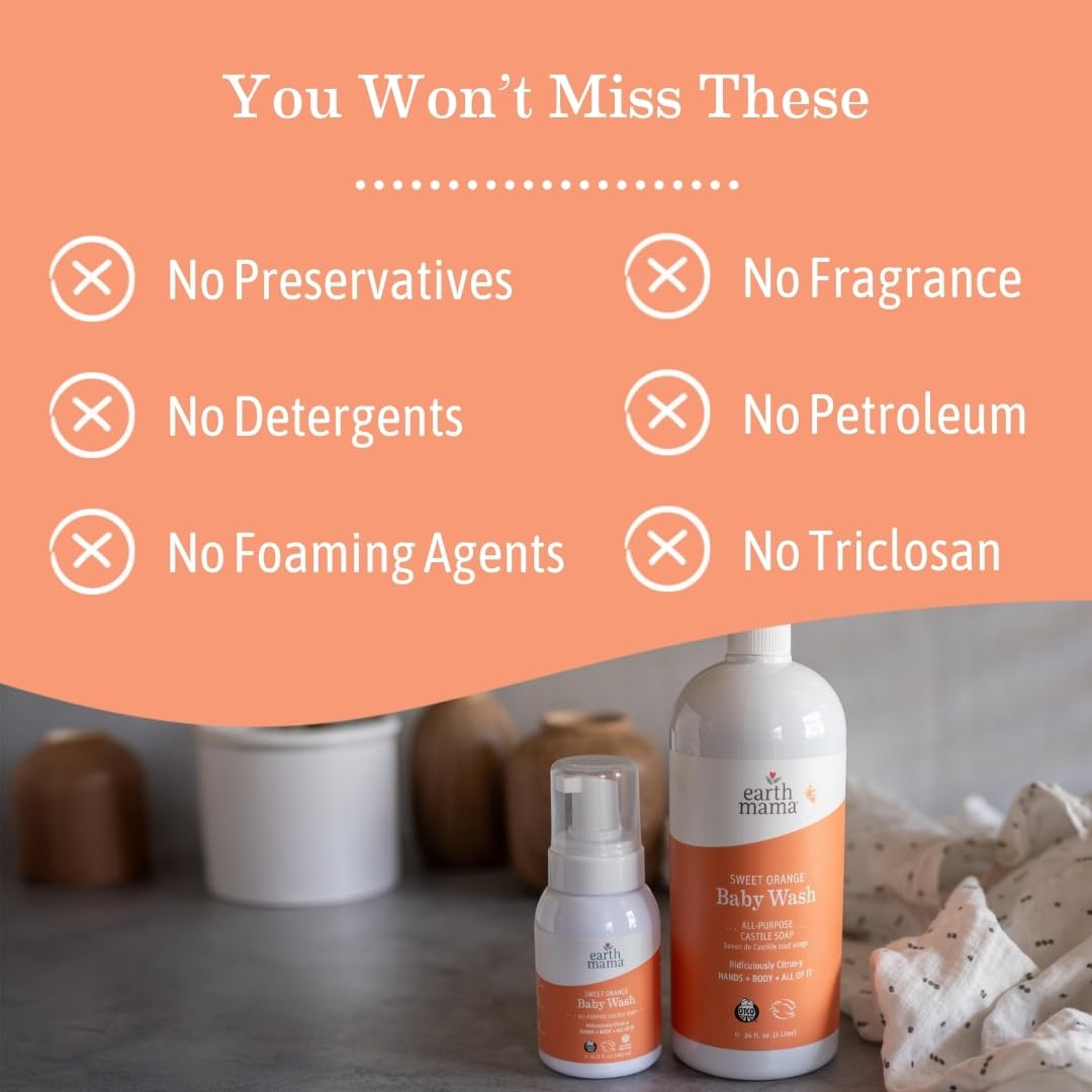 Earth Mama Sweet Orange Baby Liquid Wash Foaming Hand Soap, Organic All Purpose Body Wash for Sensitive Skin, Castile Soap with Coconut Oil, Shea Butter, Calendula, & Aloe, (Packaging May Vary)