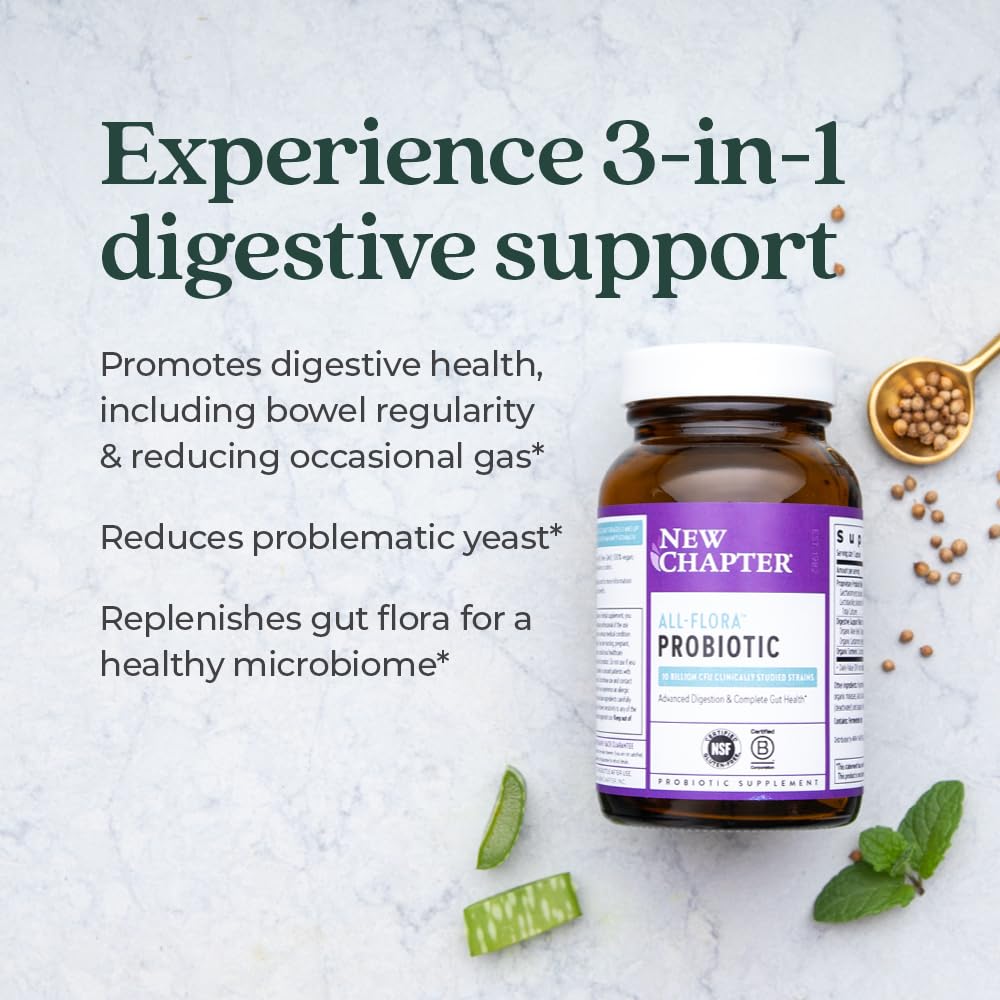 New Chapter Probiotic All-Flora - 60 ct (2 Month Supply) for Advanced Digestion & Complete Gut Health with Prebiotics + Postbiotics, Clinically Studied Strains, 100% Vegan, Non-GMO, Shelf Stable
