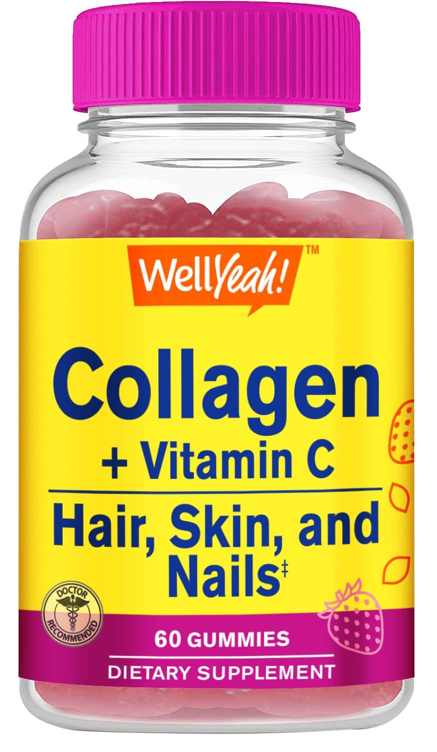 WellYeah Collagen Gummies with Vitamin C | Collagen for Women and Men | Hair, Skin, and Nails Support | Strawberry Flavor | Gluten and Nut Free | Non GMO | 60 Count