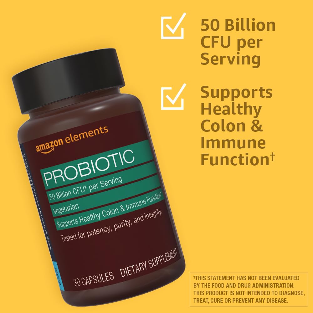 Amazon Elements One Daily Adult Probiotic Blend, Supports Healthy Colon and Immune Function, 50 Billion CFU (2 Strains), 30 Capsules, 1 Month Supply (Packaging May Vary)