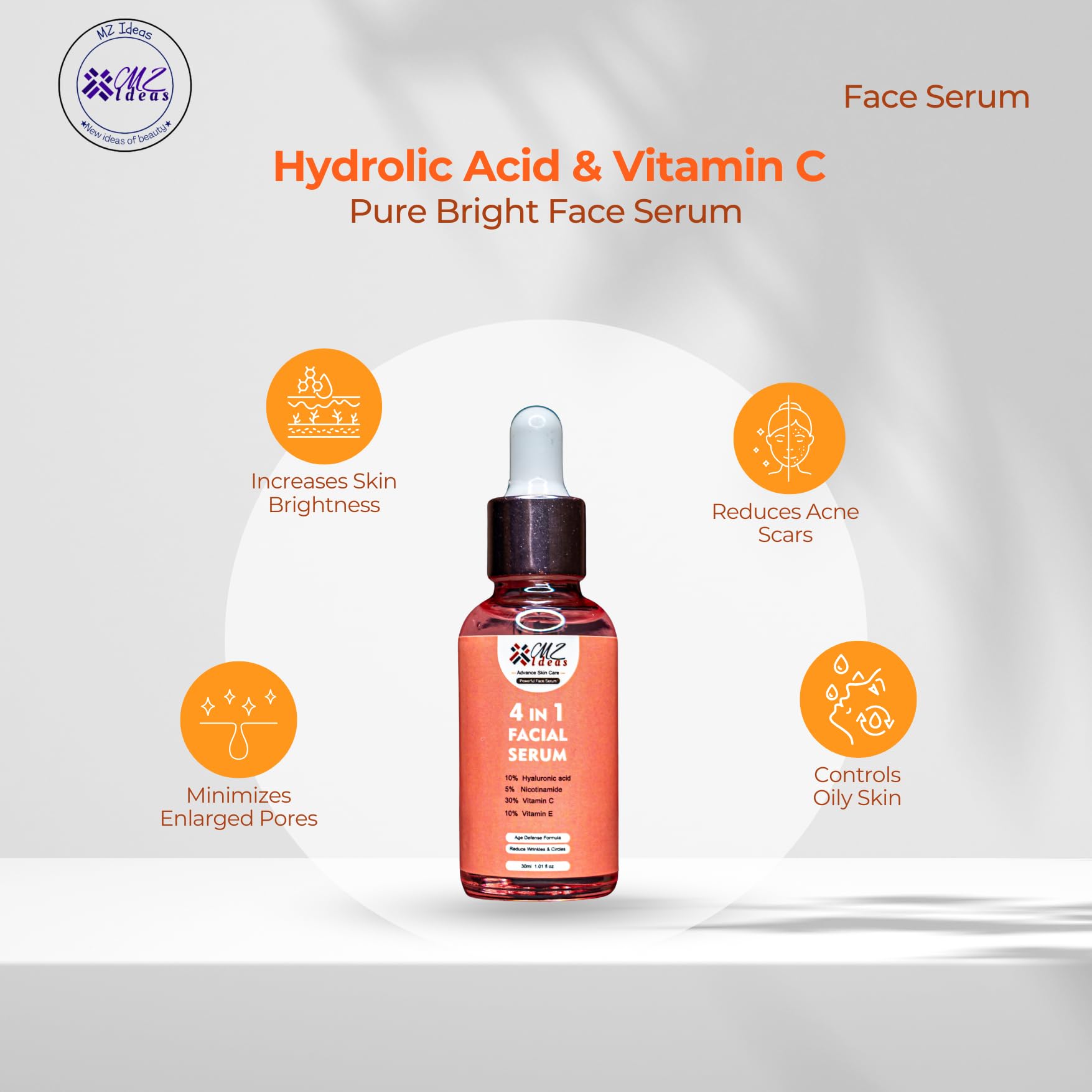 4 in 1 Facial Serum, 10% Hyaluronic Acid, 5% Niacinamide, 30% Vitamin C, 10% Vitamin E, 1.01 fl oz