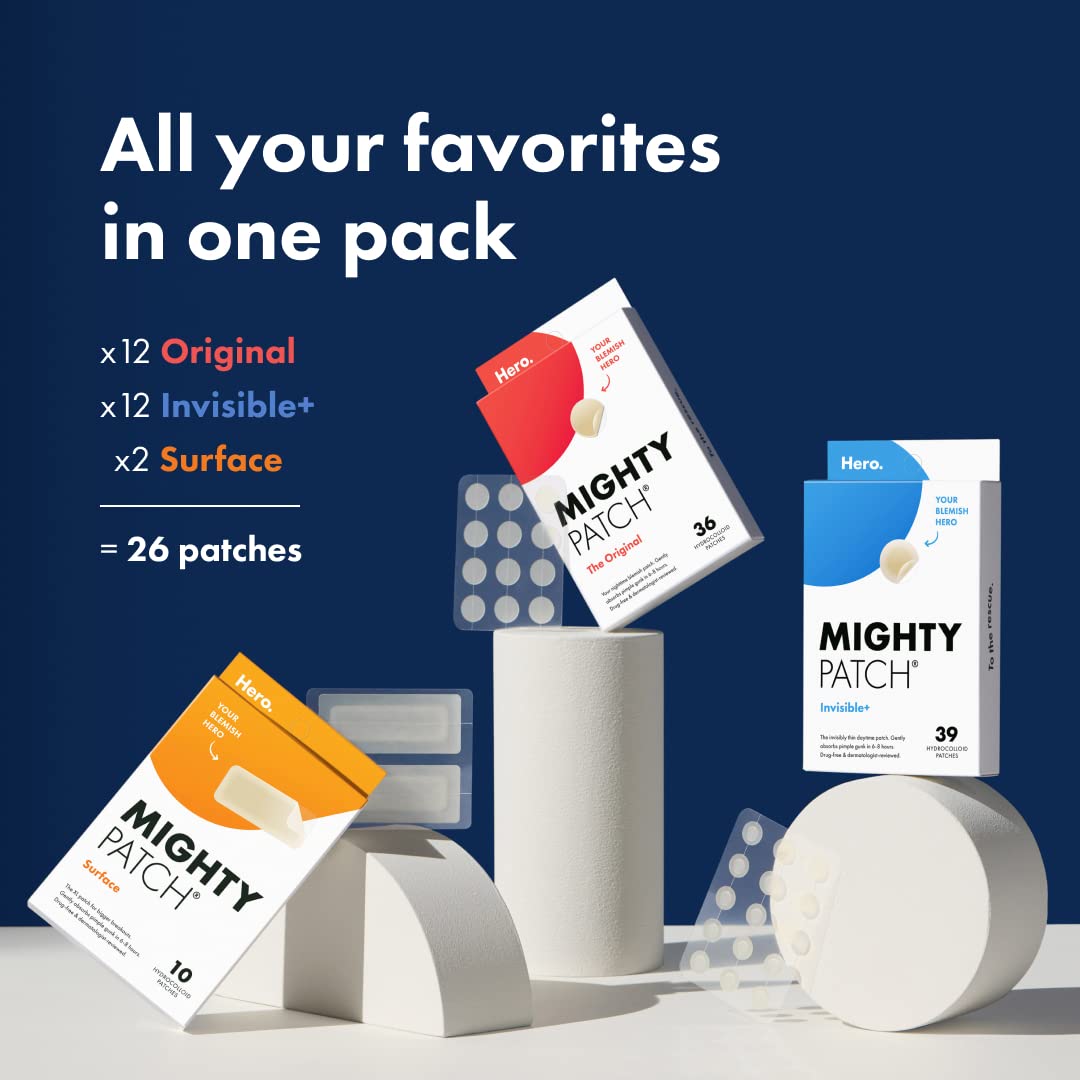 Mighty Patch Variety Pack from Hero Cosmetics - Hydrocolloid Acne Pimple Patches for Covering Zits and Blemishes, Spot Stickers for Face and Skin, Vegan-friendly and Not Tested on Animals (26 Count)
