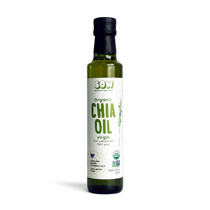 Seeds of Wellness - Organic Chia Seed Oil, Essential Bio Nutrients, Fatty Acids Omega-3 ALA Plant-Based, Cold-Pressed, Unrefined, Non GMO, 8.45 Fl Oz (250 ml) Glass Bottle, Pack of 1, Chile
