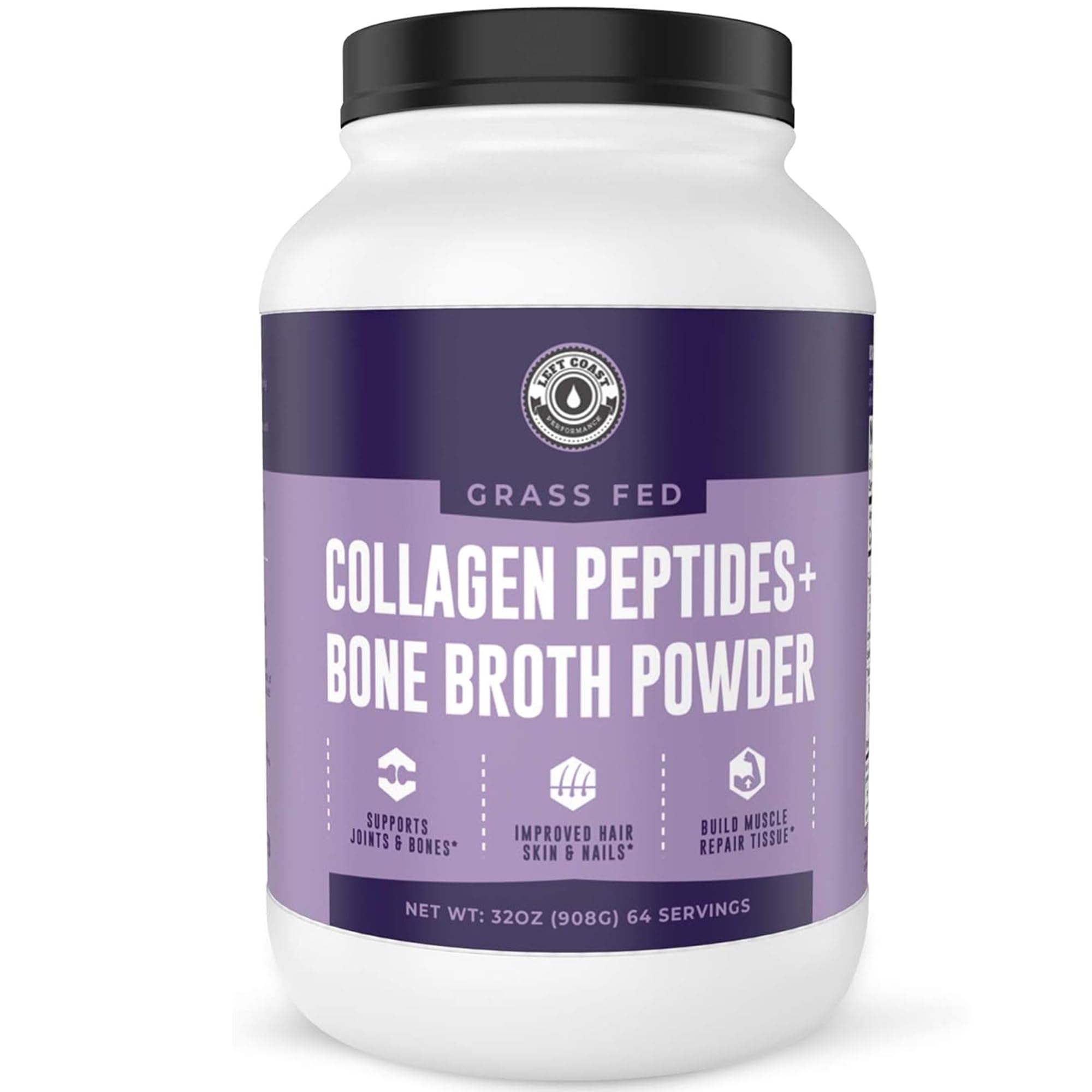 Left Coast Performance Collagen Bone Broth Powder 2lb, Bone Broth with Grass Fed Collagen Peptides. Unflavoured, Grass Fed, Hydrolyzed Beef, Zero Carb, Dairy Free Protein Powder. 64 Servings