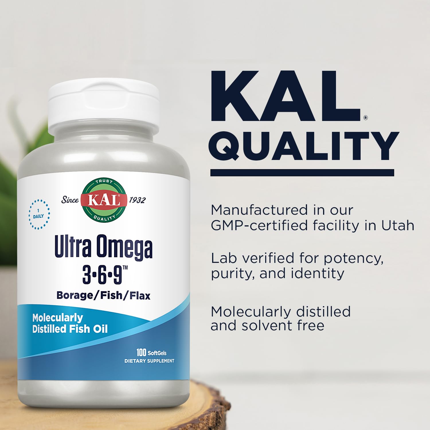 KAL Ultra Omega 3-6-9 1200mg | Fish Oil w/Cold Pressed Flaxseed & Borage Oil | Skin, Hair, Heart, Memory | 100 Softgels