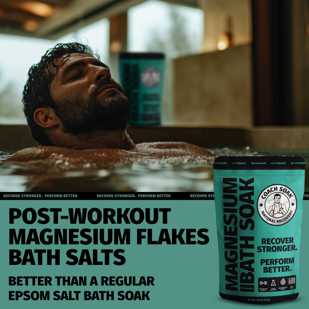 Coach Soak: Recovery Bath Soak - Absorbs Faster Than Epsom Salt Bath Soak for Pain – Rejuvenating Post Workout Magnesium Flakes -21 Minerals, Essential Oils & Bath Salts (Cooling Peppermint)