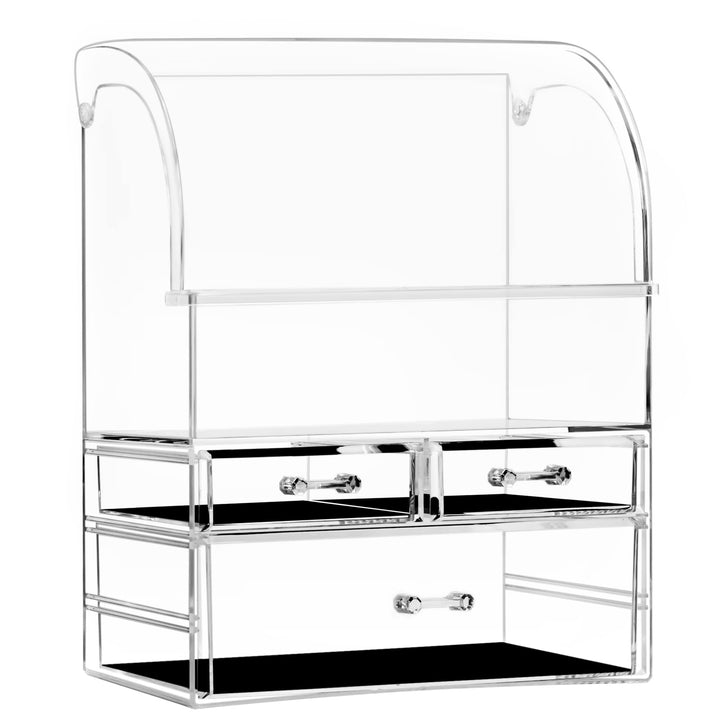 Mayyol Professional Acrylic Makeup Organizer with Lid Dust Water Proof, Thicker Skin Care Cosmetic Display Case with 3 Drawers, Vanity Countertop Make Up Organizator for Jewelry & Perfume, Clear