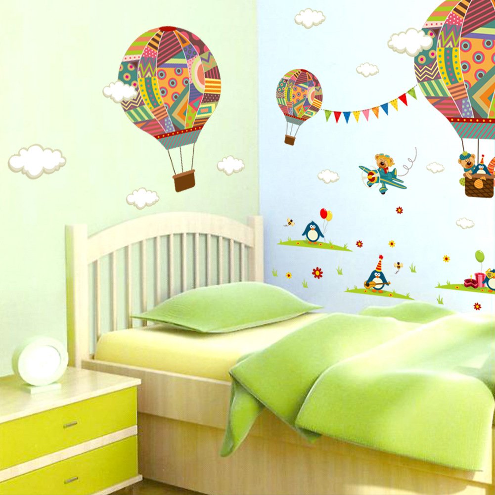 Amaonm Creative Cartoon 3D Hot air Balloon Aircraft Animals and Clouds Wall Decals Stickers - Peel and Stick Removable DIY Vinyl 3D Wall Art Decor for Nursery Room Kids Bedroom Living Room Classroom
