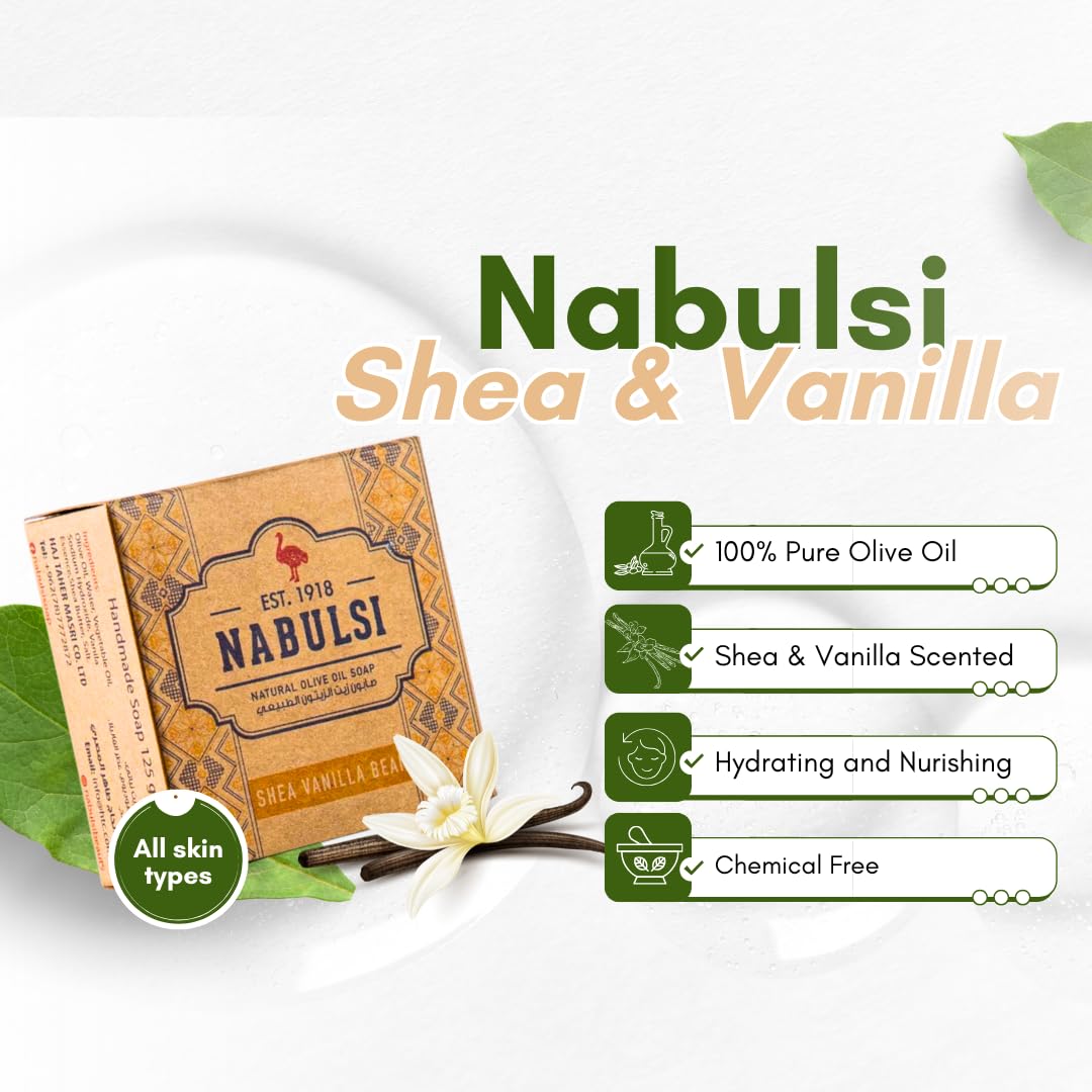 Shammoot Virgin Olive Oil Nabulsi Soap Bar - 1 Pack 4.4 OZ 100% Pure Olive Oil Soap Bar for Face & Body - Traditional Soap with Real Scent - Chemical Free Soap Bar for Men & Women (Shea & Vanilla)