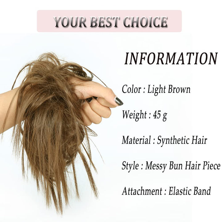MSCHARM Tousled Updo Messy Bun Hair Piece Hair bun Extensions With Elastic Rubber Band Ponytail Hairpiece Scrunchies for Women (Light Brown)