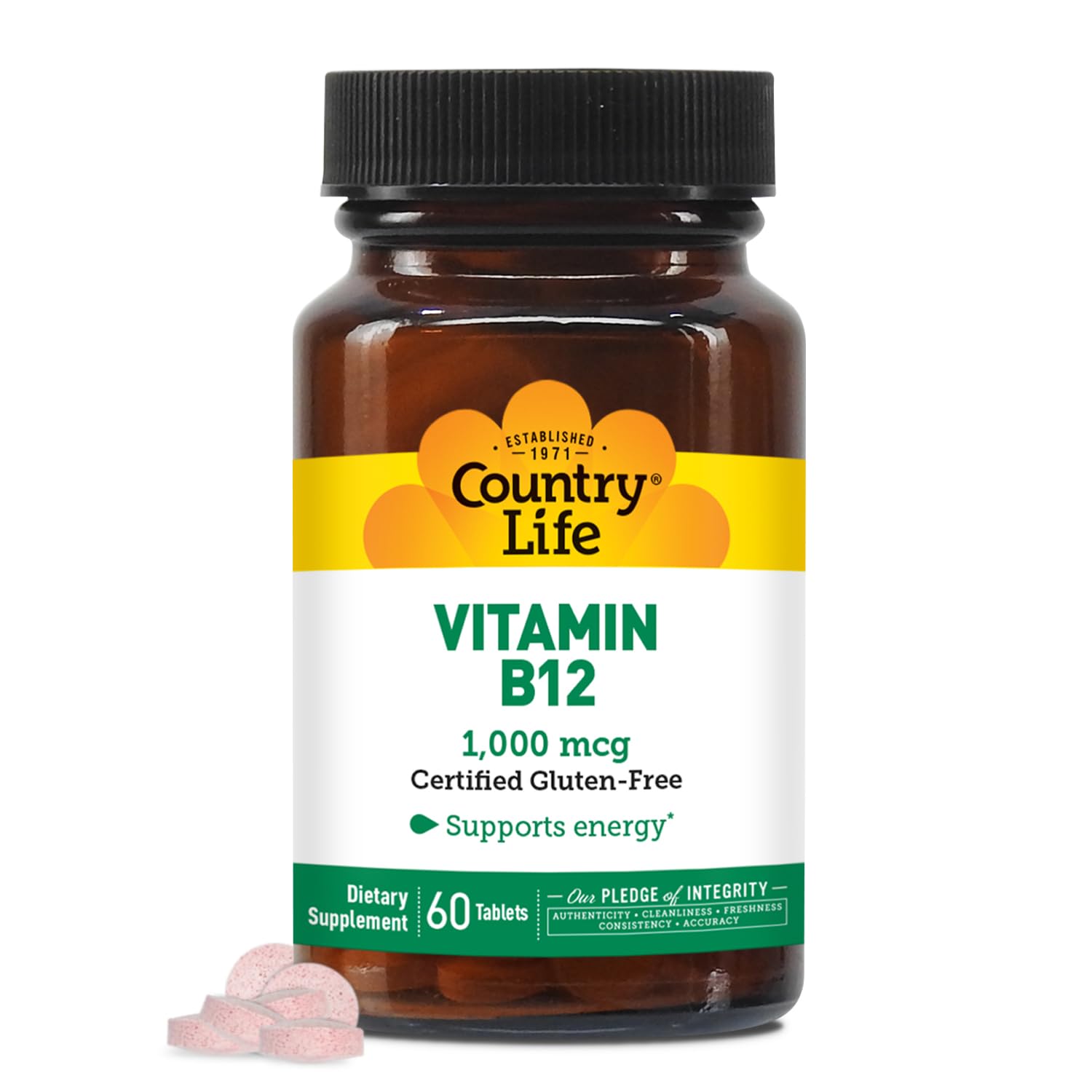 Country Life Vitamin B12 Supplement - Essential for Brain Function, Nerve Health, Red Blood Cells - Ideal for Anemia Prevention - Vegan Vitamin B, 1000 mcg - Gluten-Free, 60 Tablets