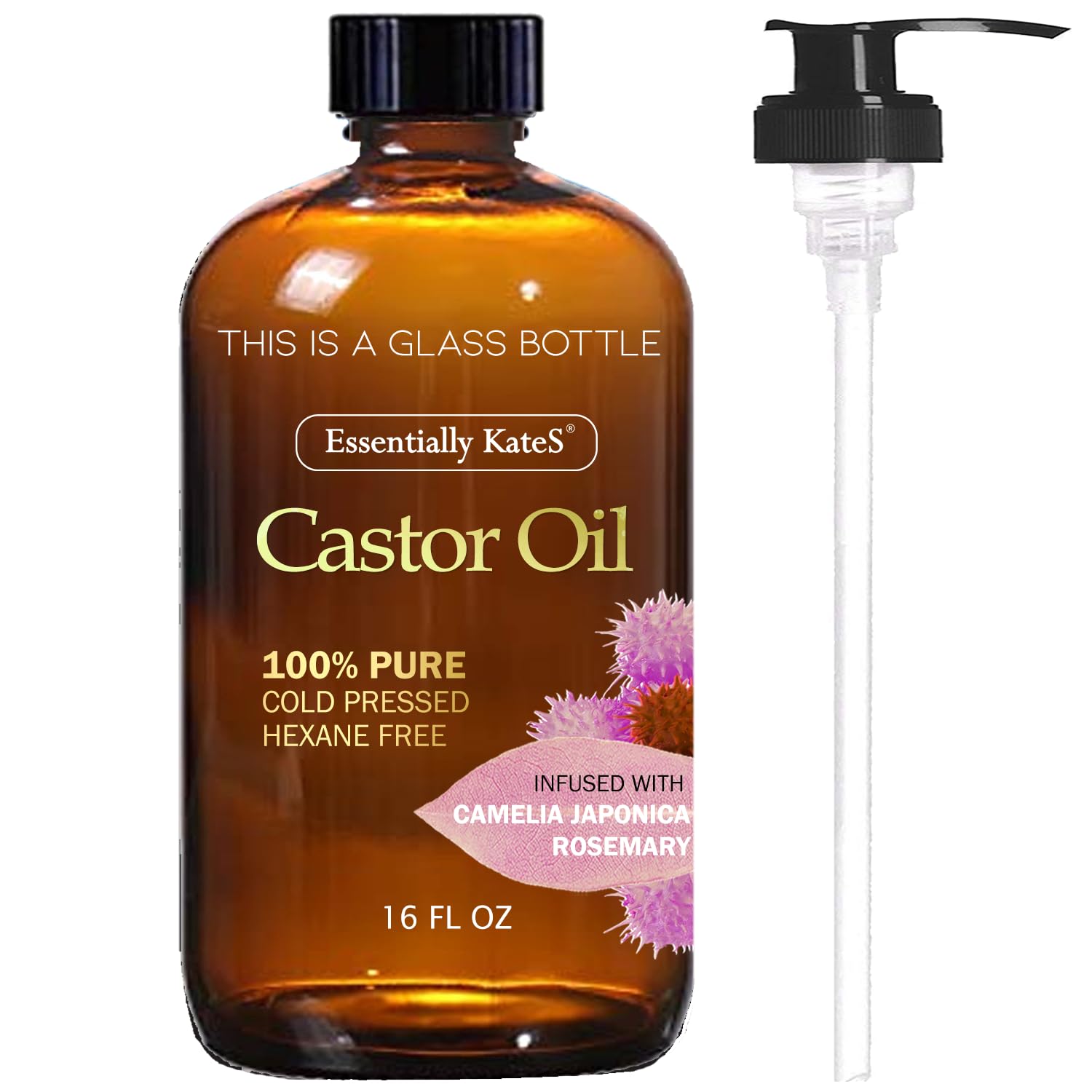 Castor Oil 16 Fl Oz (Glass Bottle) - Camelia Japonica + Rosemary - A Huge Glass Bottle with a Pump - 100% Pure and Natural, Cold Pressed, and Hexane-Free - Hair Oil, Body Oil