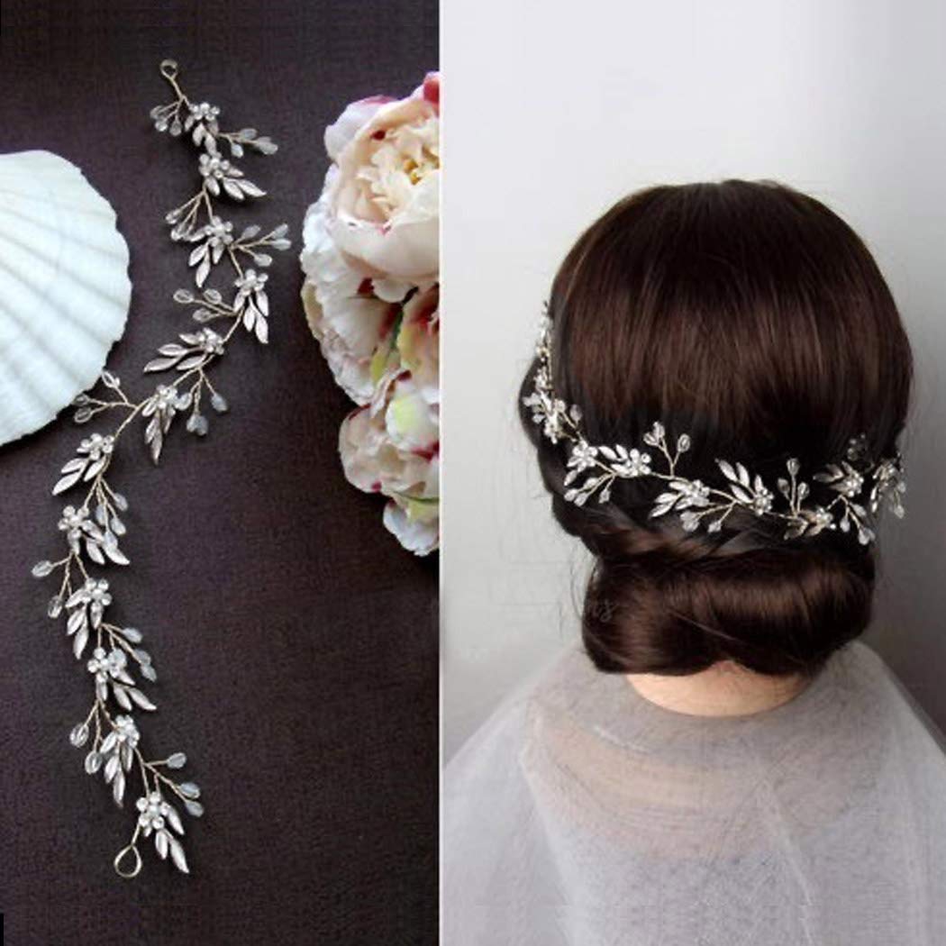 Unicra Leaf Wedding Hair Vine Flower Bridal Hair Piece Crystal Rhinestone Long Headband for Women and Girls (Silver)