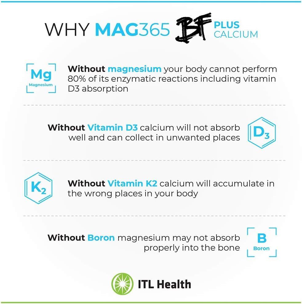 Mag365 ITL Health BF Plus Calcium Zinc Magnesium Powder with D3, K2, C, B6, Boron, Zinc and Potassium | for Optimal Bone Health, and Immune Support (Unflavored, 360g)