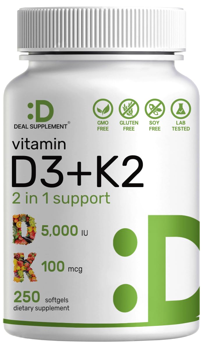 DEAL SUPPLEMENT Vitamin D3 K2 Softgel, 250 Count, 2-1 Complex, Vitamin D3 5000 IU & Vitamin K2 MK7, Promotes Heart, Bone & Teeth Health – Easy to Swallow