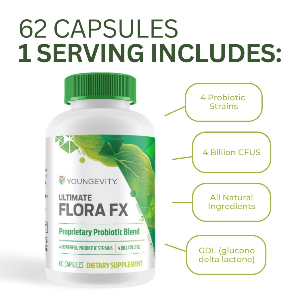 Youngevity Ultimate Flora FX Probiotic Supplement - 4 Bottles 60 Capsules Per Bottle