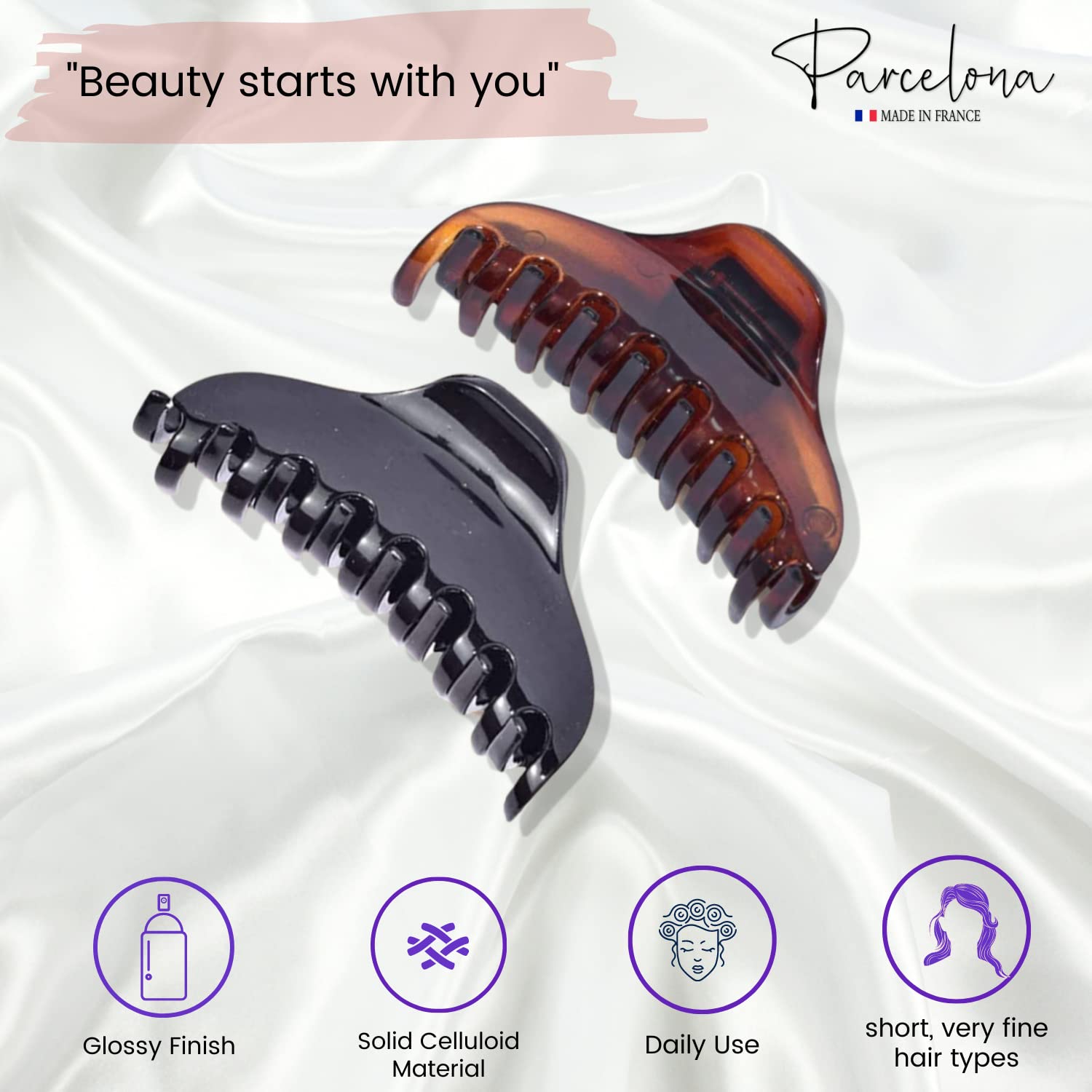 Parcelona France Skinny Boss Small 2 1/4 Black N Shell Covered Spring Jaw Hair Claw Clip for Fine Hair with Very Tight Grip Made in France