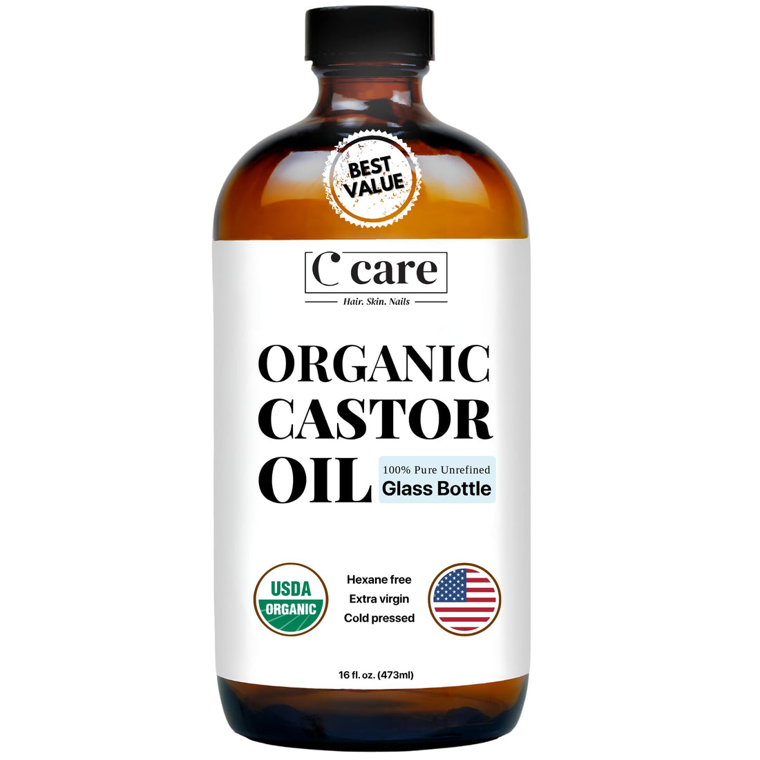 Castor Oil 100% Pure Organic Cold Pressed Unrefined Glass Bottle | USDA Certified Organic | Hexane Free Extra Virgin | For Hair Growth Eyebrows Eyelashes Skin and Castor Oil Pack Wrap | 16oz