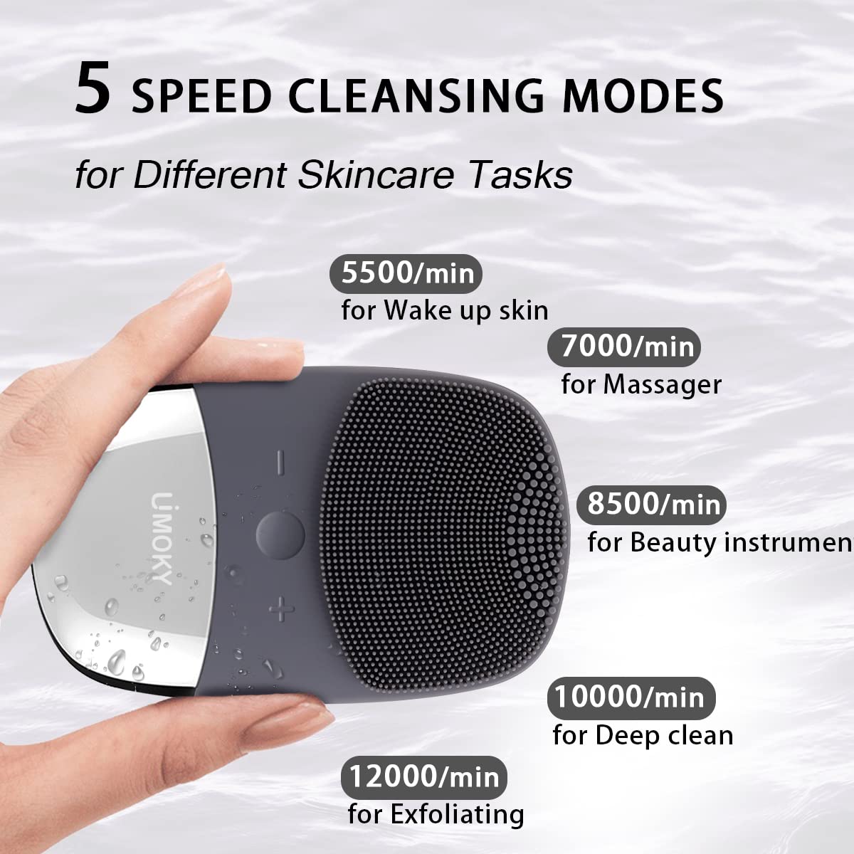 Facial Cleansing Brush, 3-in-1 Electric Silicone Face Scrubber, Vibrating Massager, IPX7 Waterproof, USB Rechargeble Brush for Deep Cleanning, Blackhead Remover, Exfoliating (Gray)