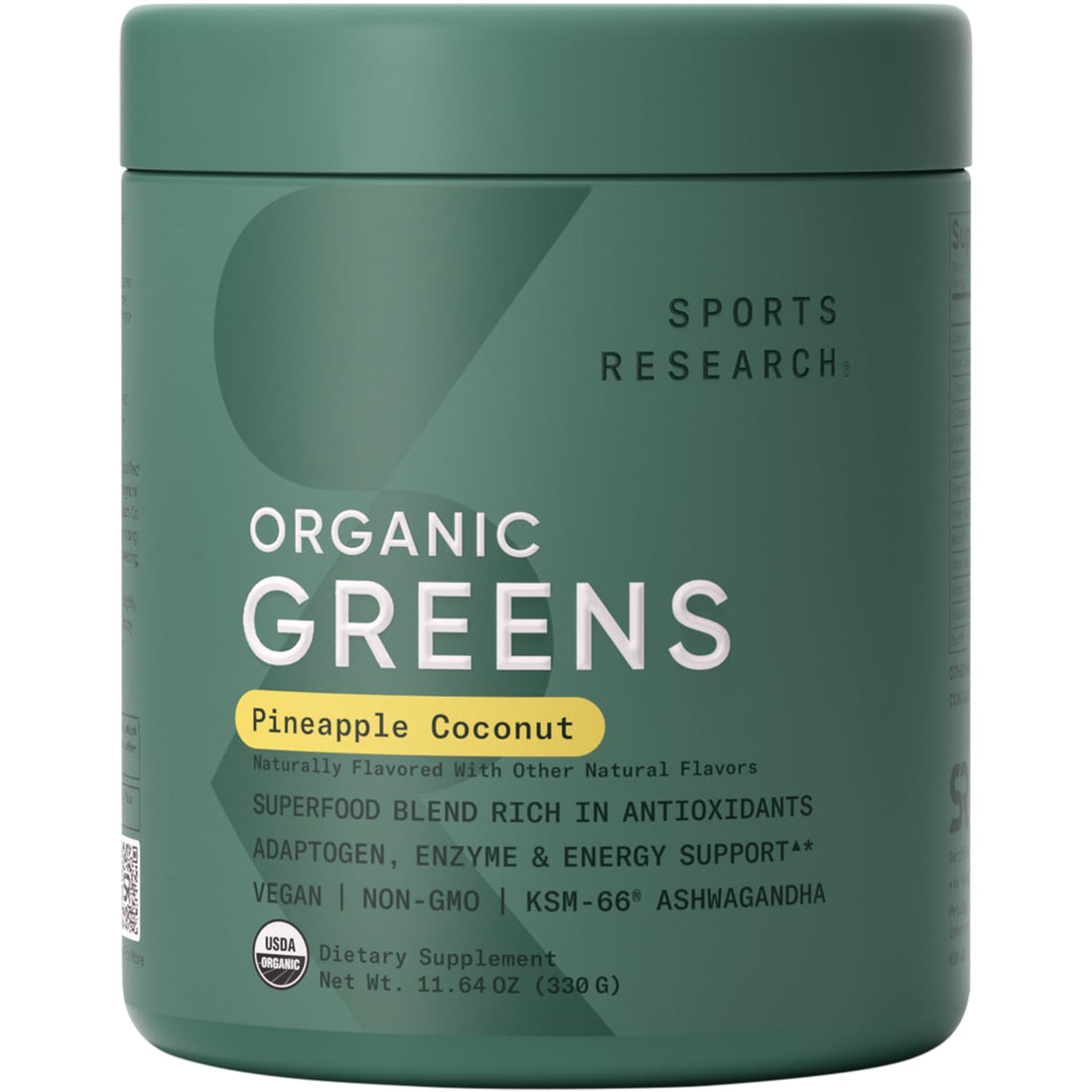 Sports Research® Organic Greens Superfood Powder w/Spirulina & Chlorella, Adaptogens, Enzymes, Probiotics & 8 VIT Bs for Gut & Mood Support* - Vegan, Sugar-Free & Low-Cal Pineapple Coconut 30