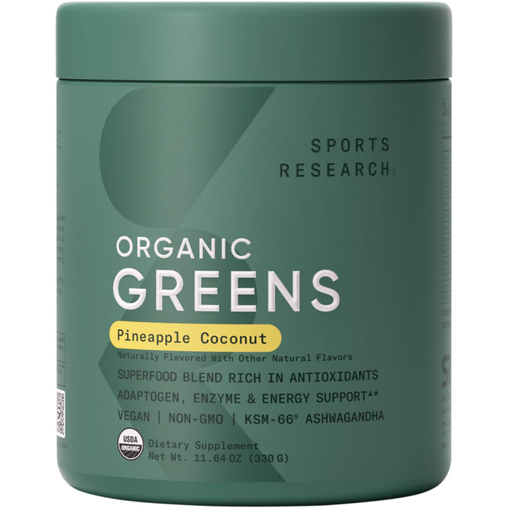 Sports Research® Organic Greens Superfood Powder w/Spirulina & Chlorella, Adaptogens, Enzymes, Probiotics & 8 VIT Bs for Gut & Mood Support* - Vegan, Sugar-Free & Low-Cal Pineapple Coconut 30