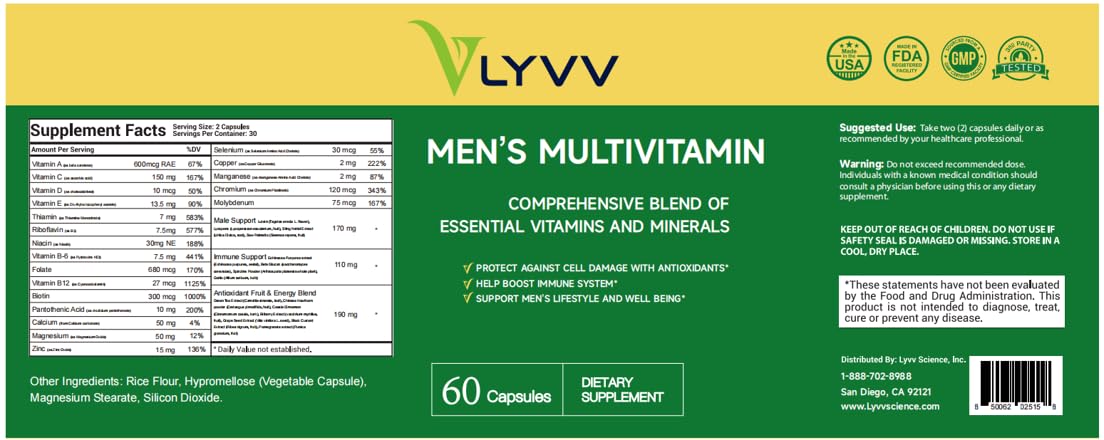 Lyvv Men's Multivitamin, Comprehensive Blend of Essential Vitamins and Minerals, 60 Capsules