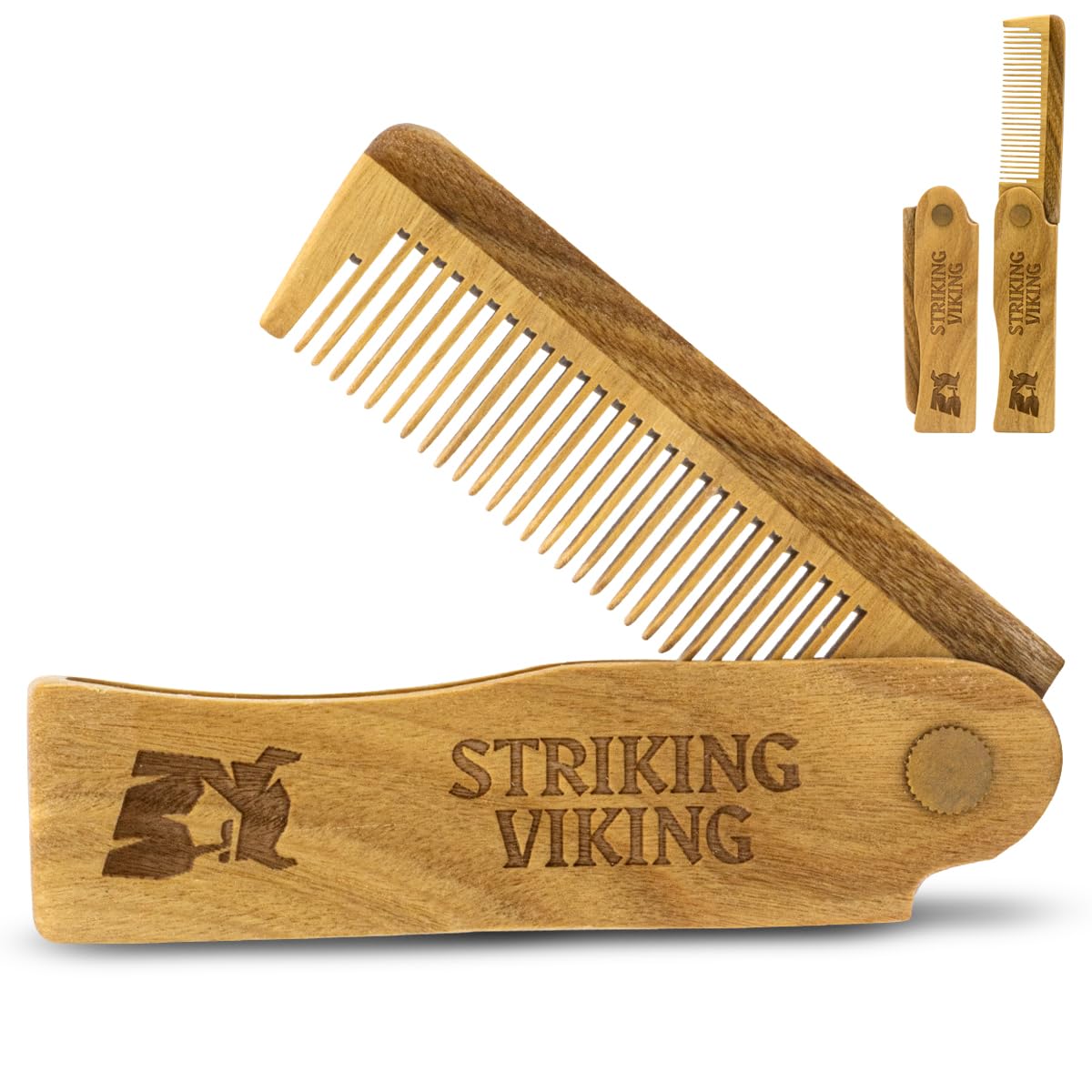 Folding Wood Comb by Striking Viking - Anti-Static Wooden Styling Comb for Men