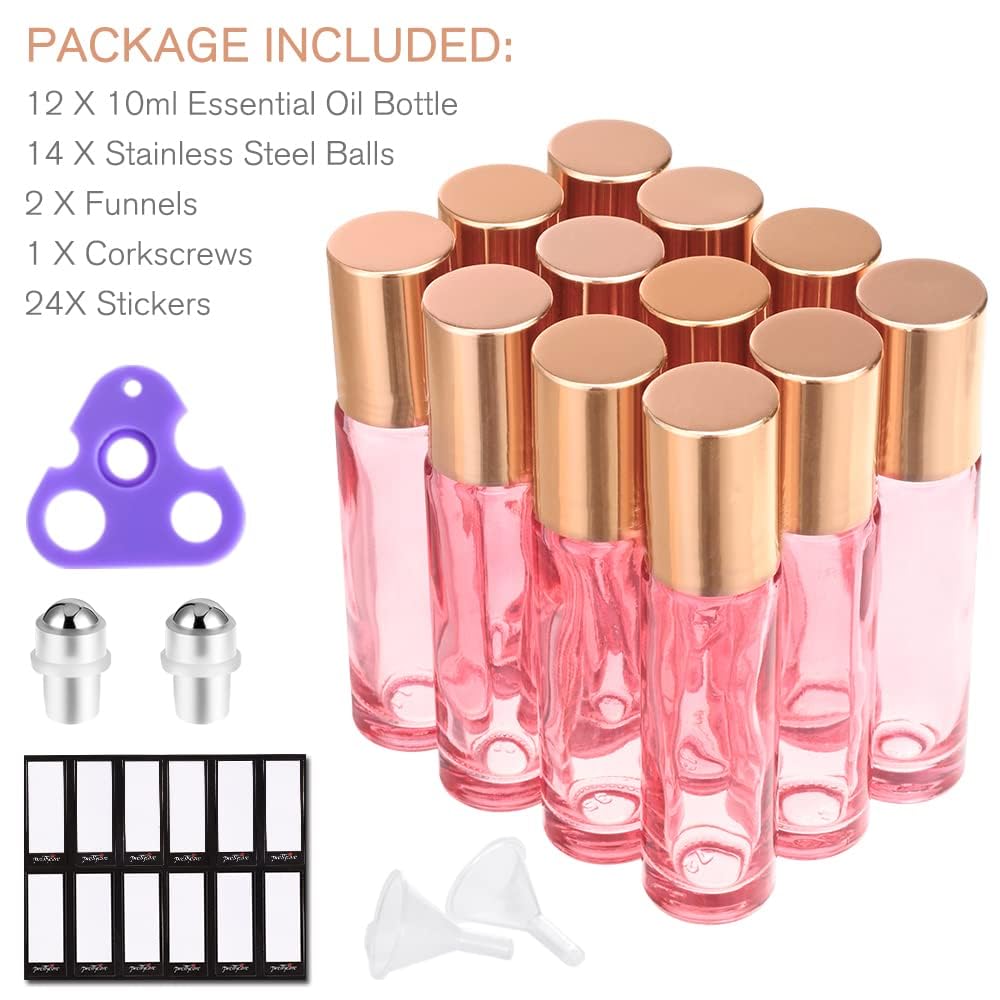 PrettyCare 12 Pack, 10 ml Essential Oil Roller Bottles with Stainless Steel Roller Ball - Refillable Leak-proof Empty Thick Pink Glass Roll on Bottles with Metal Caps for Travel, Perfume