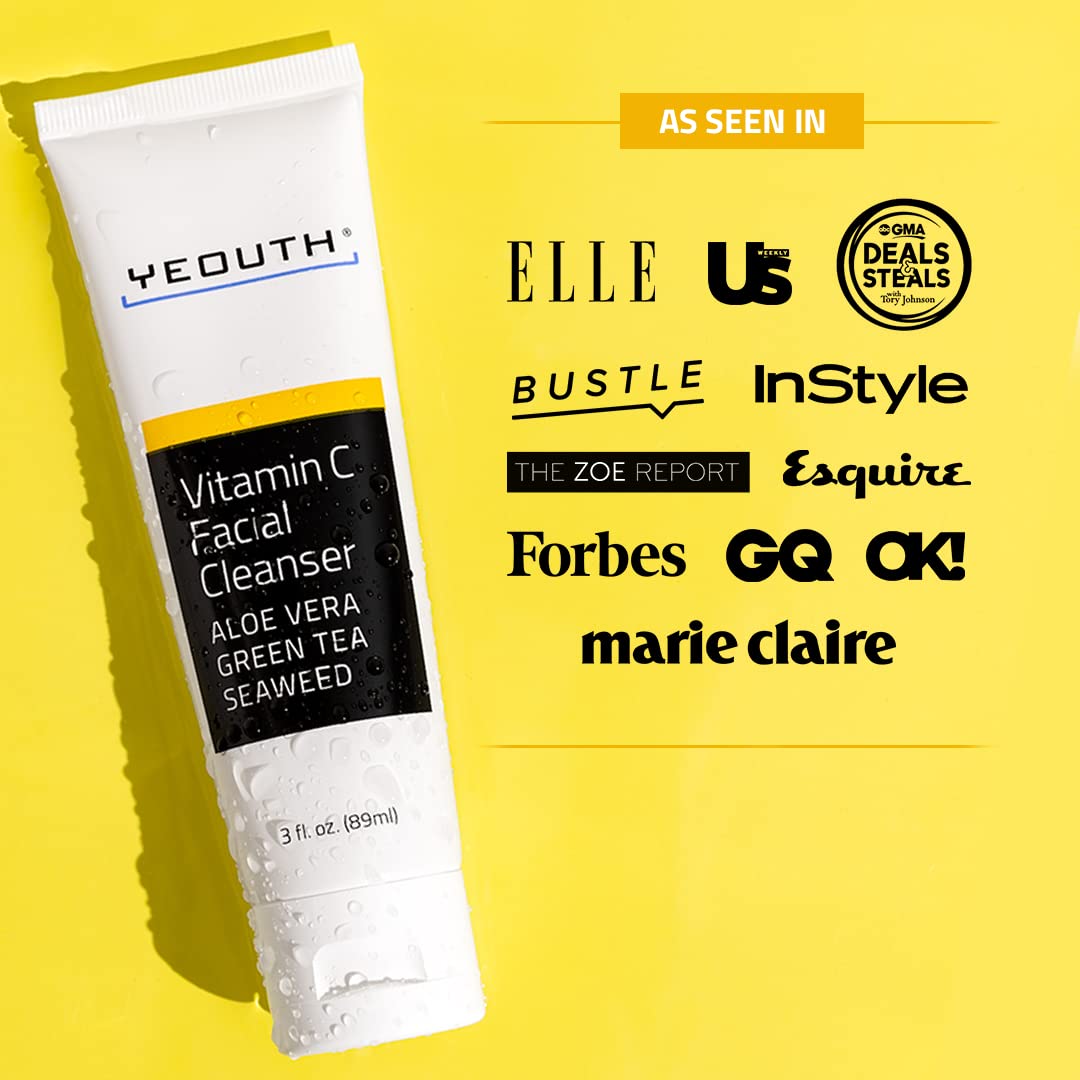 Vitamin C Facial Cleanser Infused with Aloe Vera, Green Tea and Sea Weed from YEOUTH - Soothing, Calming, Deep Penetrating Pore Face Wash for Radiant Skin - Formulated For All Skin Types