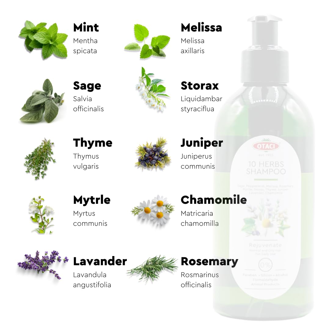 OTACI 10 Herbs Rejuvenate Shampoo for Bright and Shiny Hair, Sage, Peppermint, Melissa, Rosemary, Myrtle, Storax, Thyme, Juniper, Lavender, Chamomile, No Paraben & Silicon, Herbal Shampoo Normal Hair