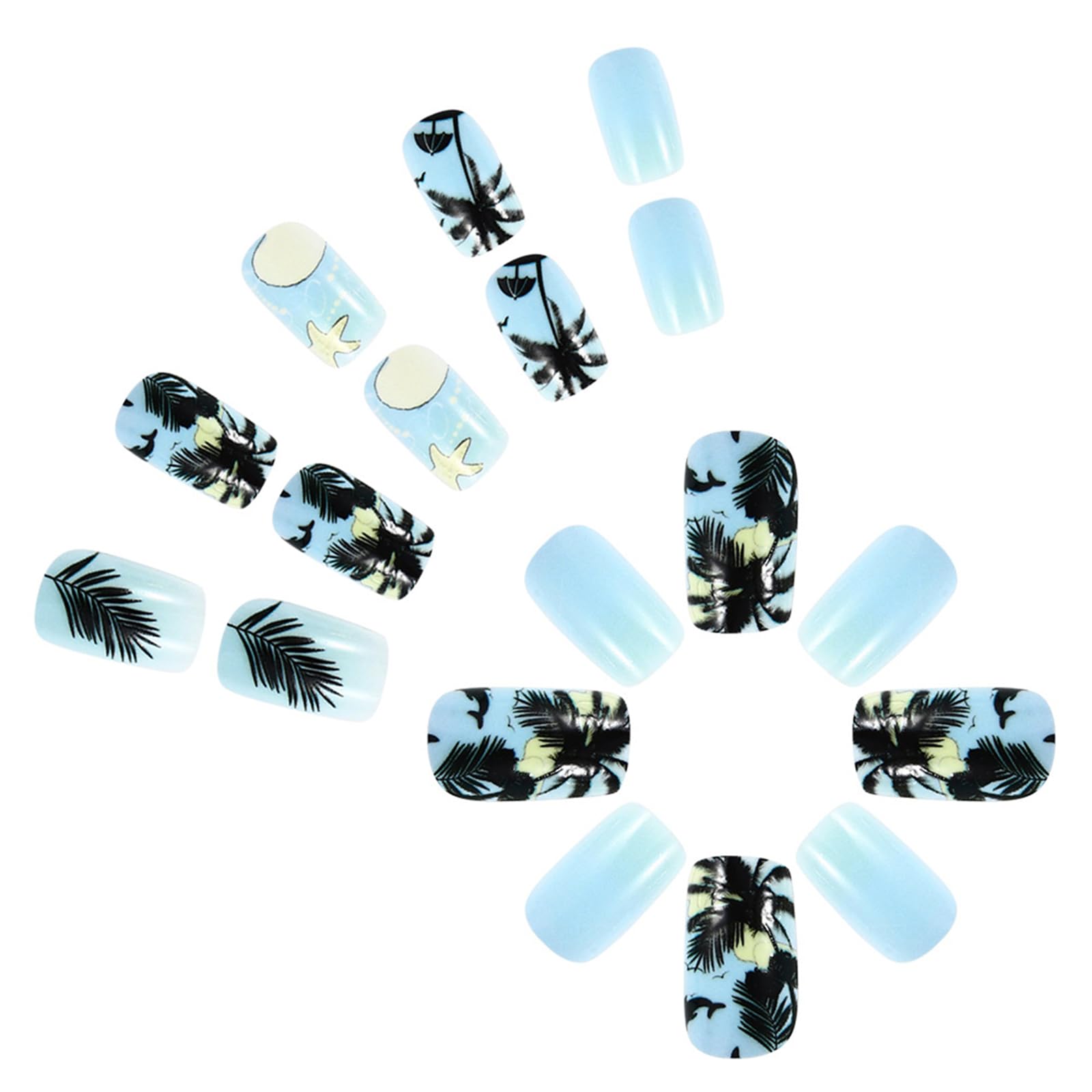 Summer Press on Nails Medium Square Fake Nails with Coconut Tree Starfish Fish Designs Blue Seagull Beach Palm Pattern False Nails Tropical Full Cover Glossy Artificial Acrylic Stick on Nails 24Pcs