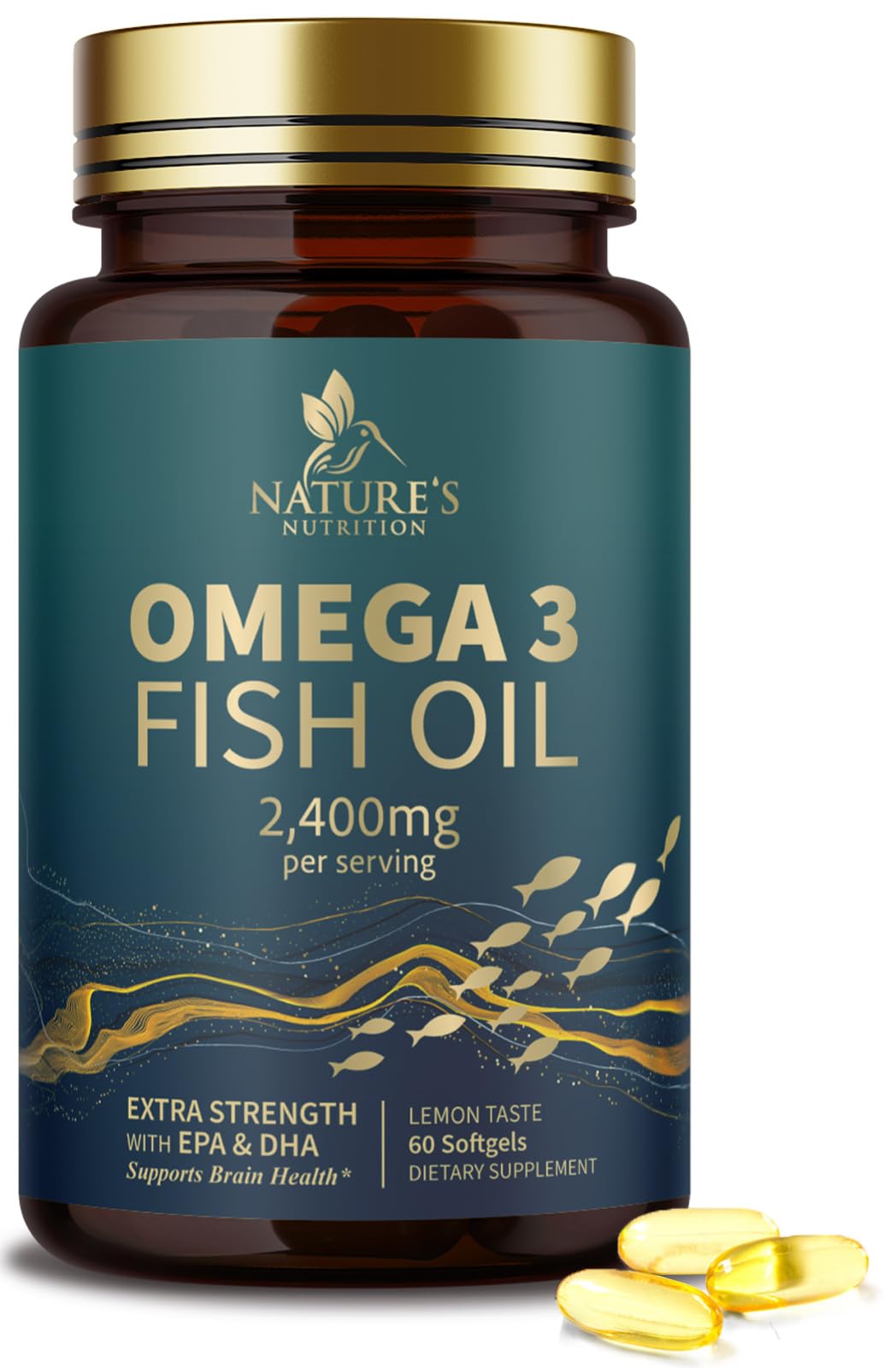 Triple Strength Omega 3 Fish Oil 2400 mg Softgels, Nature's Fish Oil Supplements, Brain & Heart Health Support - EPA & DHA, 1200 MG Fish Oil in Each Softgel, Omega-3 Supplement - 60 Fish Oil Softgels