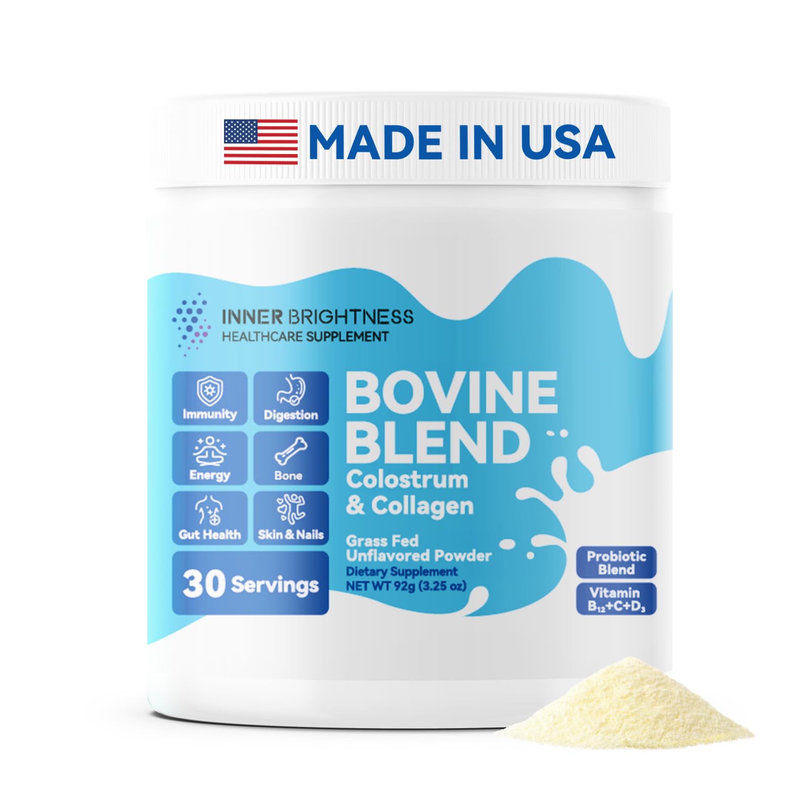 Inner Brightness Bovine Colostrum & Collagen Powder for Gut Health, Immune Support, Hair Growth & Beauty Supplement, Sugar Free – IgG, Probiotics, Vitamin B12, C, D3 – Unflavored, 30 Servings
