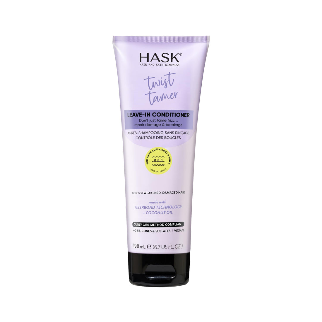 HASK Twist Tamer Leave-In Conditioner with FiberBond Technology & Coconut Oil for Wavy, Curly, Coily & Kinky Hair, Strengthens, Reduces Frizz, Boosts Hydration, Vegan, Sulfate-Free – 6.7 fl oz