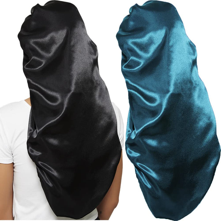 2 Pcs Hair Bonnets for Women Satin, Soft Elastic Band Silky Sleeping Cap Big Bonnets for Women Bonnet for Braids(Black+Green)